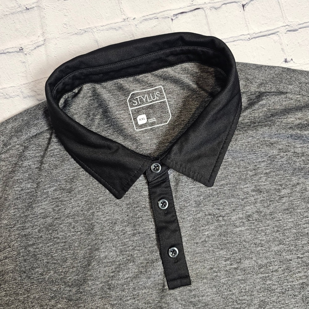Stylus Mens XXL Polo Shirt Charcoal Heather Grey Black Trim Short Sleeve Stretch